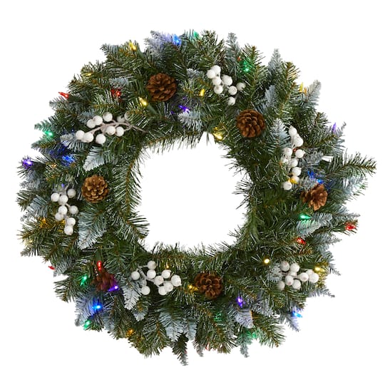24&#x22; LED Snow Tipped Pinecone &#x26; White Berry Wreath